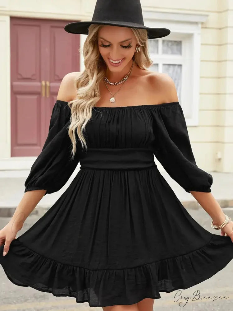 Summer Dress with Lantern Sleeves and Square Neck Ruffle Back M / Blue