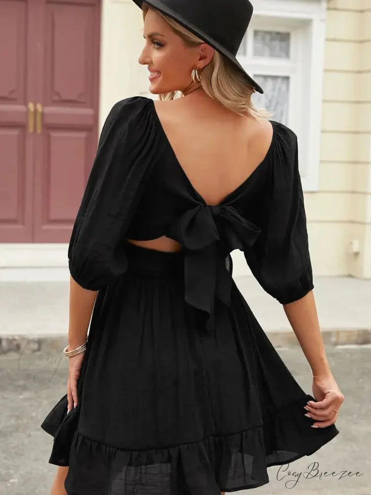 Summer Dress with Lantern Sleeves and Square Neck Ruffle Back M / Red