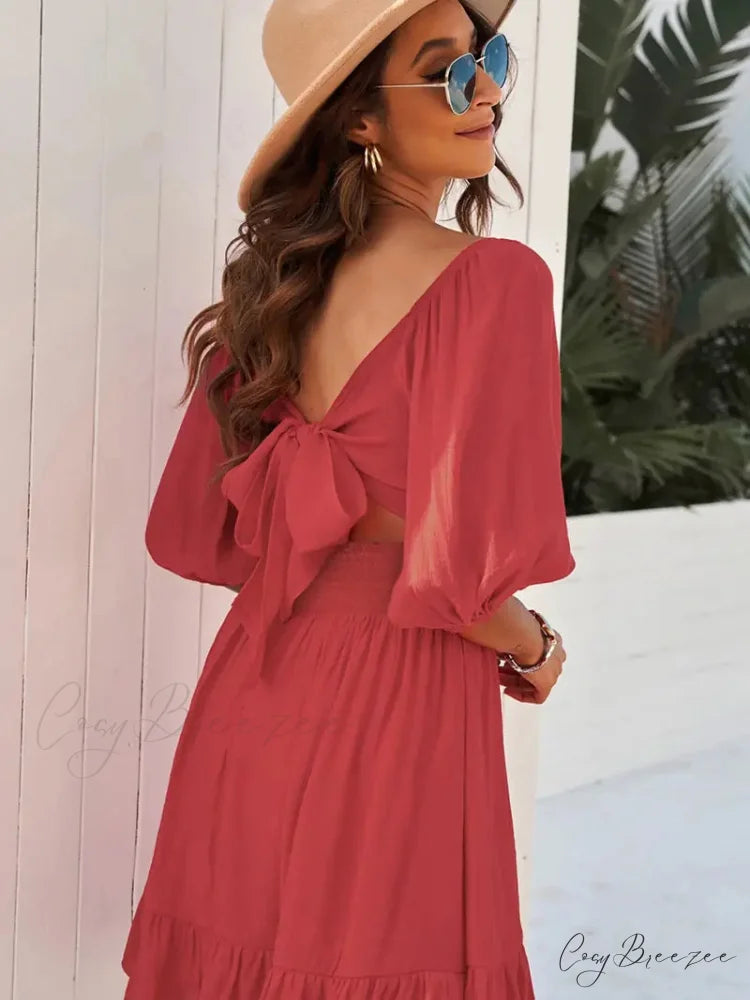 Summer Dress with Lantern Sleeves and Square Neck Ruffle Back S / Black