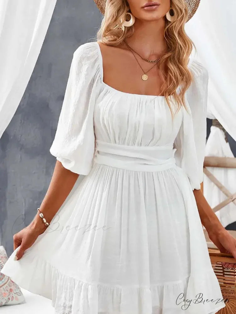 Summer Dress with Lantern Sleeves and Square Neck Ruffle Back S / Blue