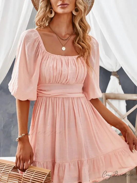 Summer Dress with Lantern Sleeves and Square Neck Ruffle Back S / Pink