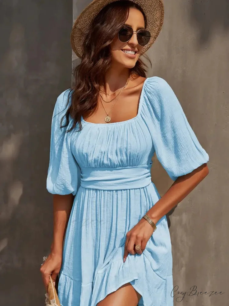 Summer Dress with Lantern Sleeves and Square Neck Ruffle Back S / Red