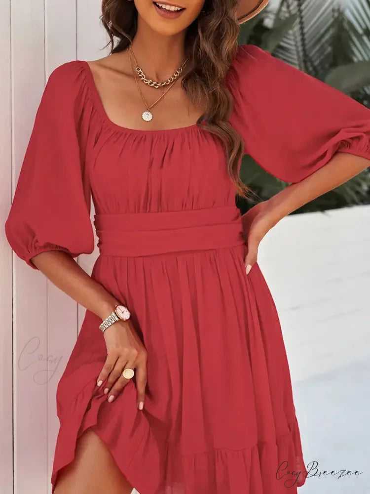 Summer Dress with Lantern Sleeves and Square Neck Ruffle Back S / White