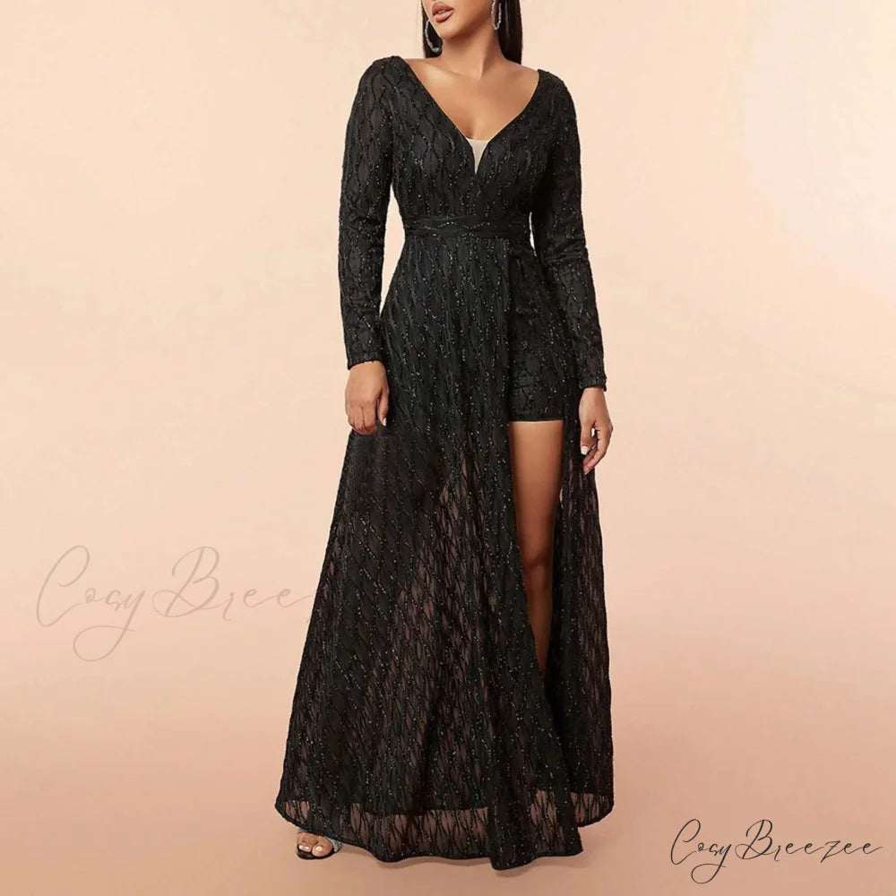 Summer Elegant Embroidered Sleeveless V-Neck Slim Wedding Bridesmaid Long Maxi Dress Black / XS