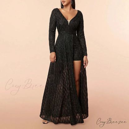 Summer Elegant Embroidered Sleeveless V-Neck Slim Wedding Bridesmaid Long Maxi Dress Black / XS