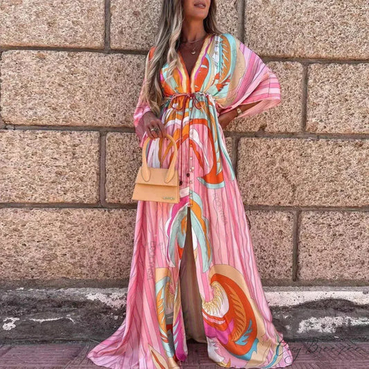 Summer Elegant Gorgeous Printing Long Party Boho Dress Pink / S