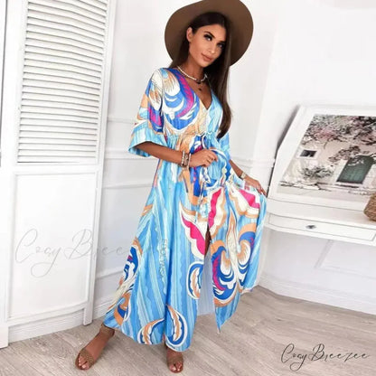 Summer Elegant Gorgeous Printing Long Party Boho Dress SKY BLUE / S