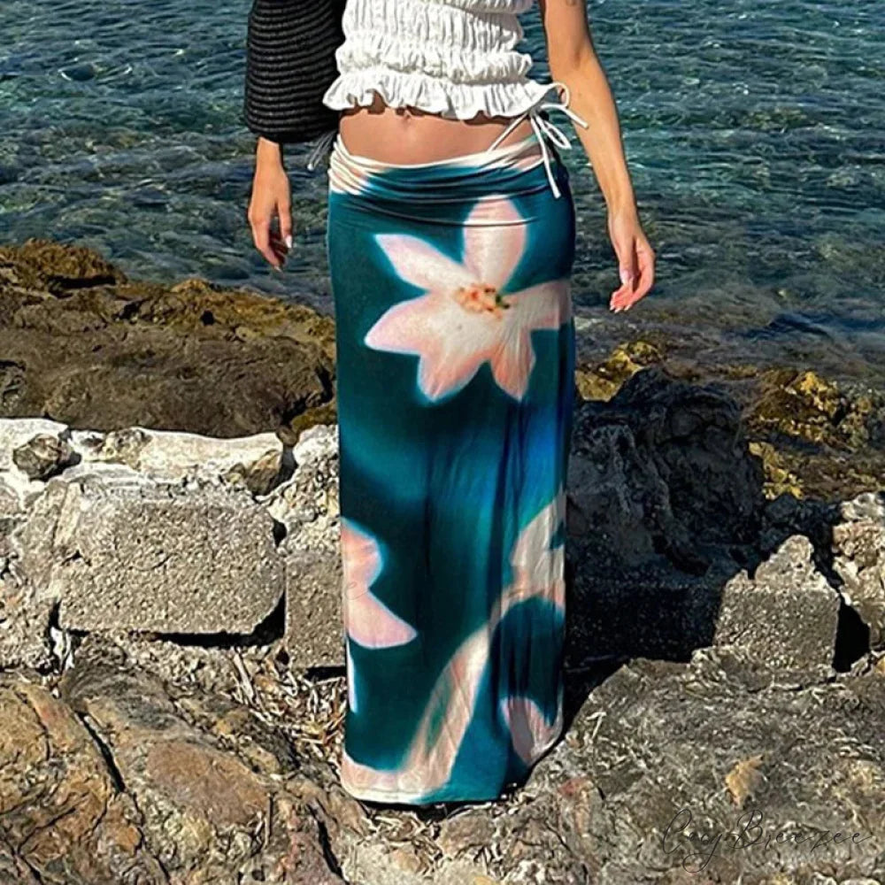 Summer Fashion Blue Print High Waist Maxi Skirt Club Skirt skirt-250126