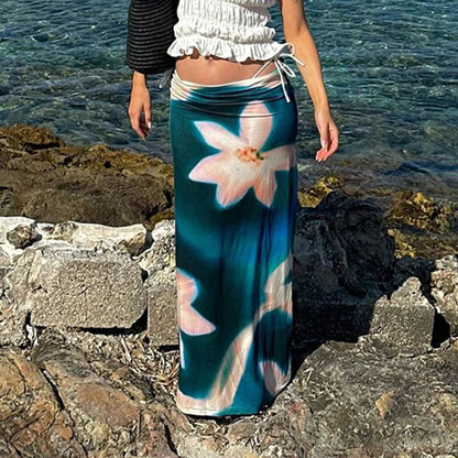 Summer Fashion Blue Print High Waist Maxi Skirt Club Skirt skirt-250126