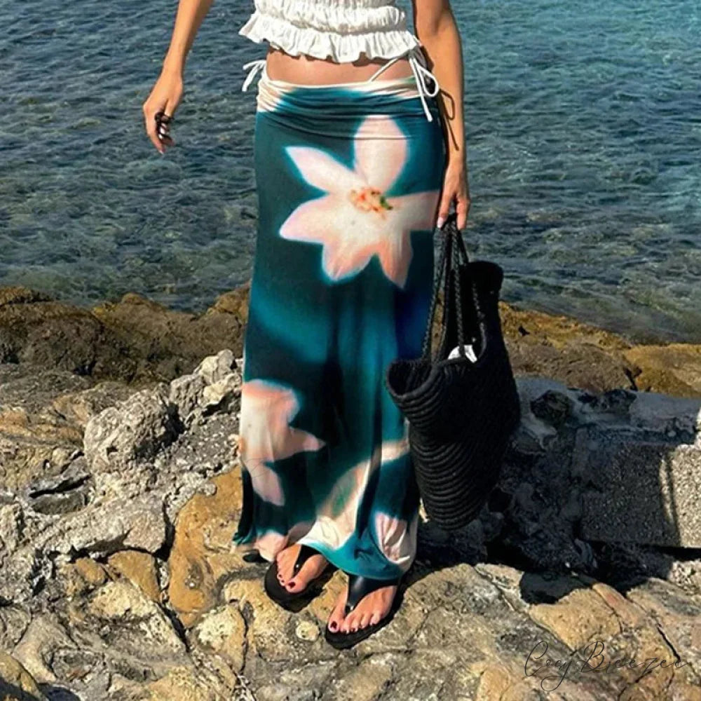 Summer Fashion Blue Print High Waist Maxi Skirt Club Skirt skirt-250126
