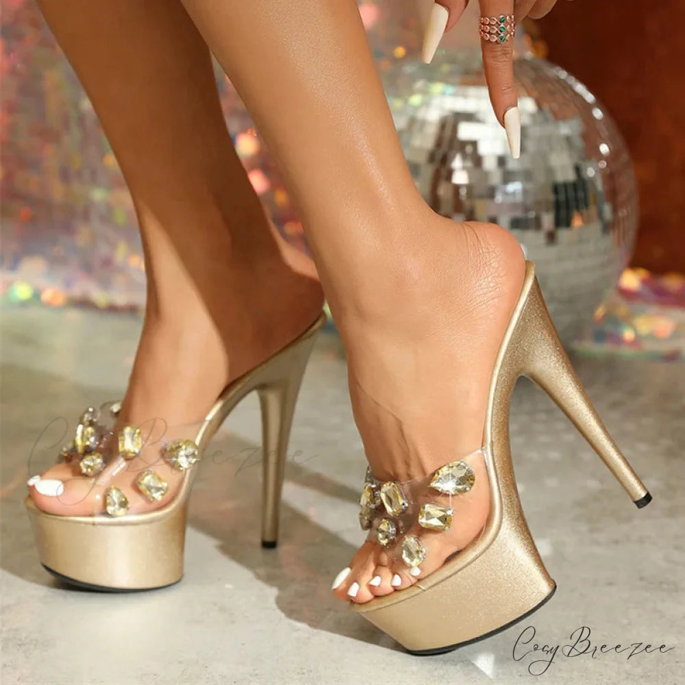 Summer Fashion Diamond Rivet Women Platform High Heels Slippers Transparent Sandal Open Toe Party Prom Shoes Golden