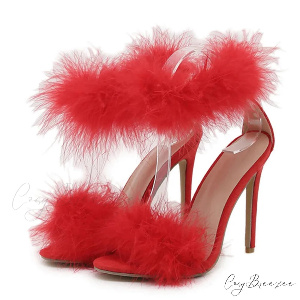 Summer Fashion Faux Fur Ankle Strap Sandals - Women’s Open Toe Fluffy Feather High Heels - Party Dress Shoes Sandalias
