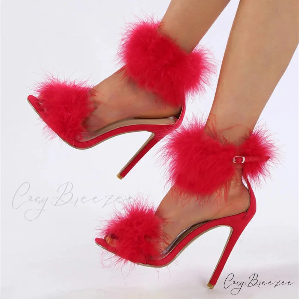 Summer Fashion Faux Fur Ankle Strap Sandals - Women’s Open Toe Fluffy Feather High Heels - Party Dress Shoes Sandalias