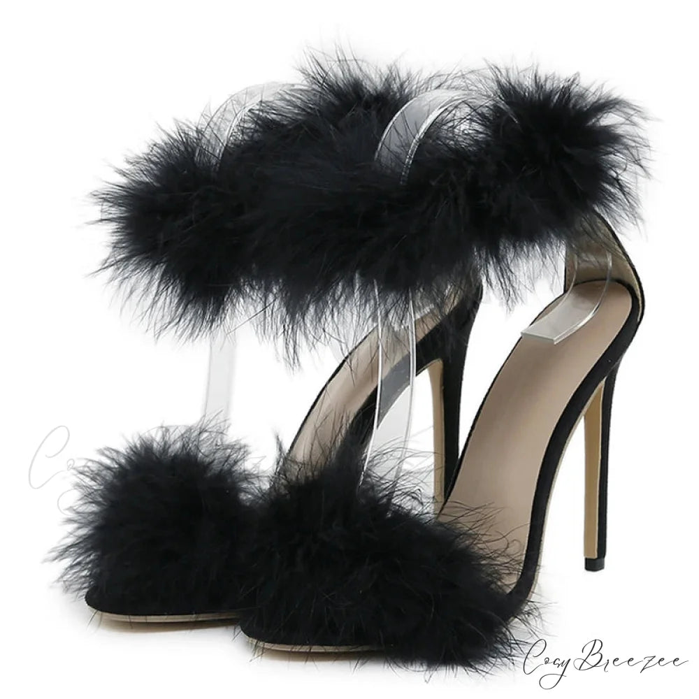 Summer Fashion Faux Fur Ankle Strap Sandals - Women’s Open Toe Fluffy Feather High Heels - Party Dress Shoes Sandalias