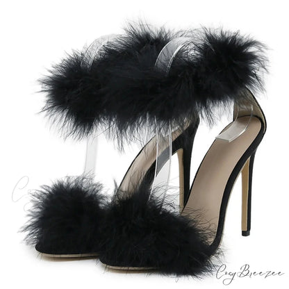 Summer Fashion Faux Fur Ankle Strap Sandals - Women’s Open Toe Fluffy Feather High Heels - Party Dress Shoes Sandalias