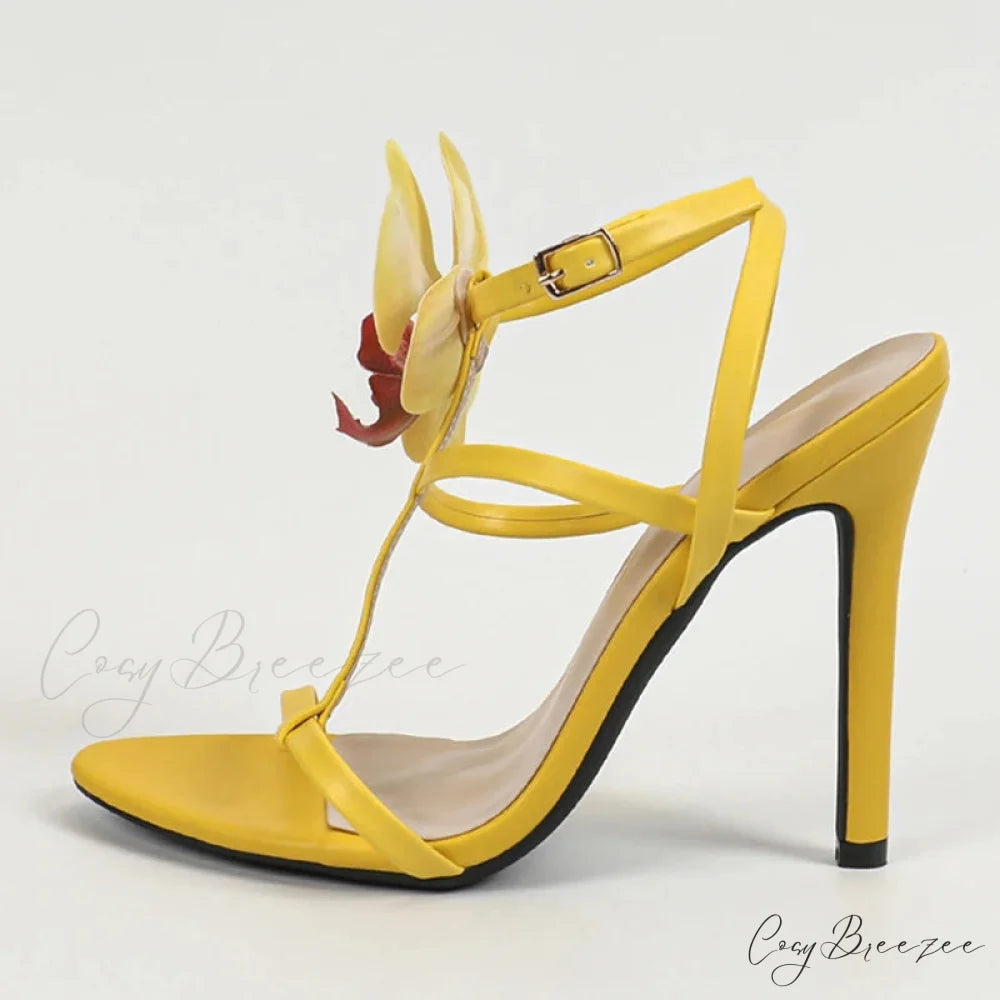 Summer Fashion Flowers Ankle Strap Gladiator Sandals Women Open Toe Yellow High Heels Party Dress Shoes Size 36-43