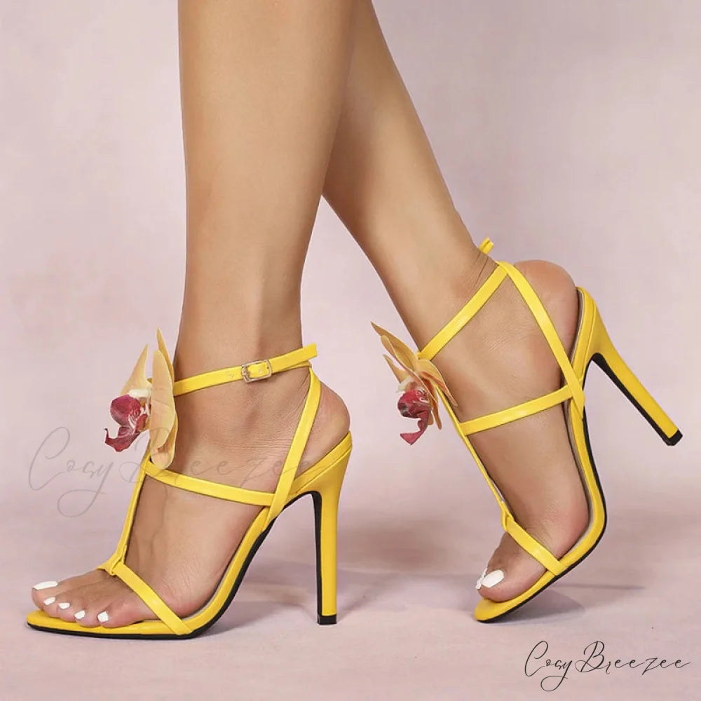 Summer Fashion Flowers Ankle Strap Gladiator Sandals Women Open Toe Yellow High Heels Party Dress Shoes Size 36-43