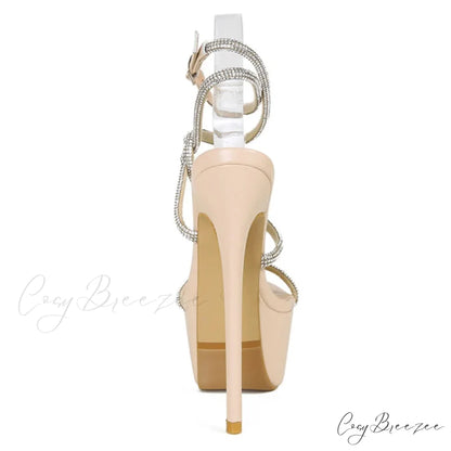 Summer Fashion Rhinestone Narrow Band Women Stiletto Sandals Open Toe Platform High Heels Party Stripper Shoes