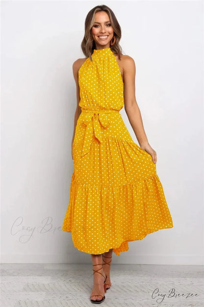 Summer Floral Print Halter Neck Beach Dress cloro1 / S oldfloraldress-250126