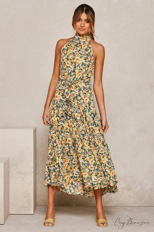 Summer Floral Print Halter Neck Beach Dress oldfloraldress-250126