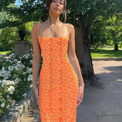 Summer Floral Print Sleeveless Y2K Boho Beach Party Club Casual Midi Dress Orange / S