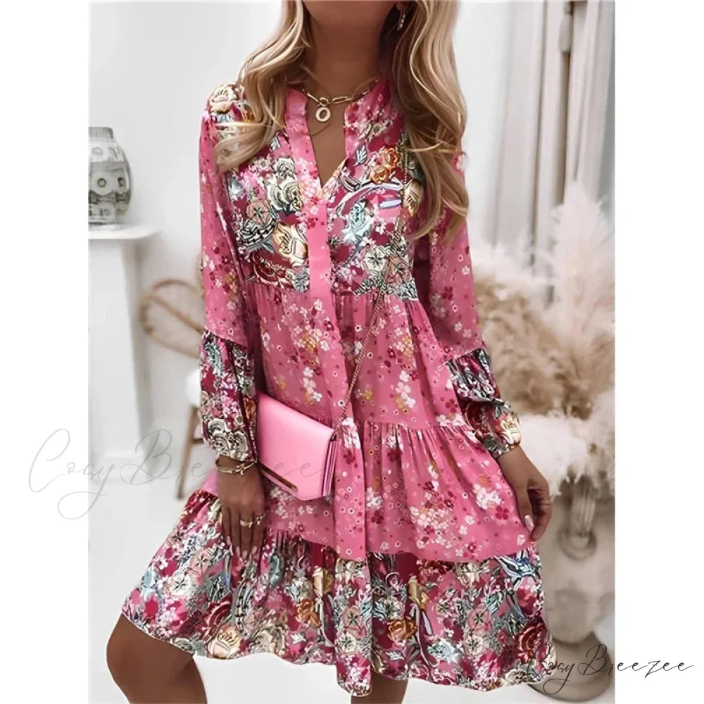 Summer Floral Print V Neck Ruffles Boho Dress