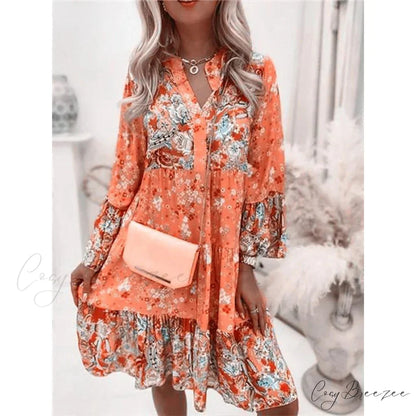 Summer Floral Print V Neck Ruffles Boho Dress Orange / S