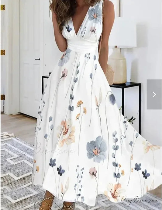 Summer Flower Print Sexy V-neck A-line Dress Yellow / S oldfloraldress-250126
