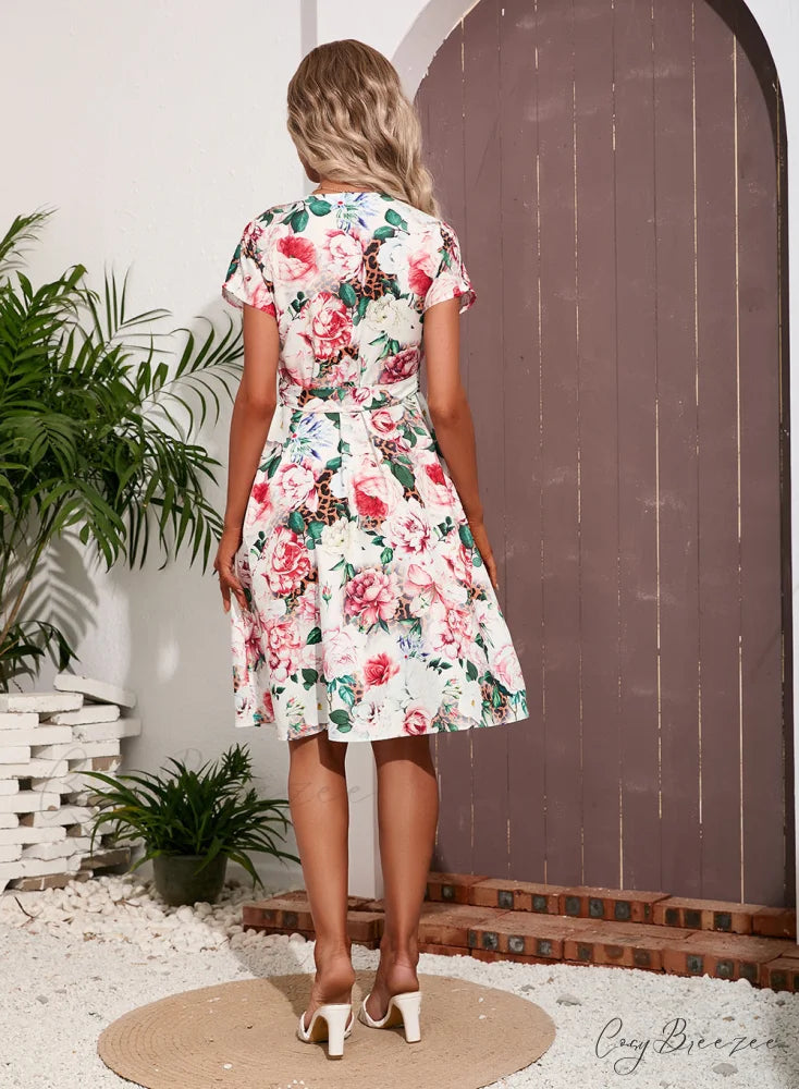 Summer Flowers Print Dress - Women’s V Neck Belted Long Dress L / WHITE