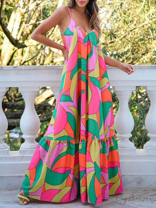 Summer French Deep V-Neck Graceful Backless Halter Printed Dresses Multicolor / S