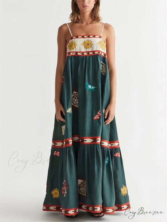 Summer Fun Unique Charming Printed Midi Dress Dark Green / S