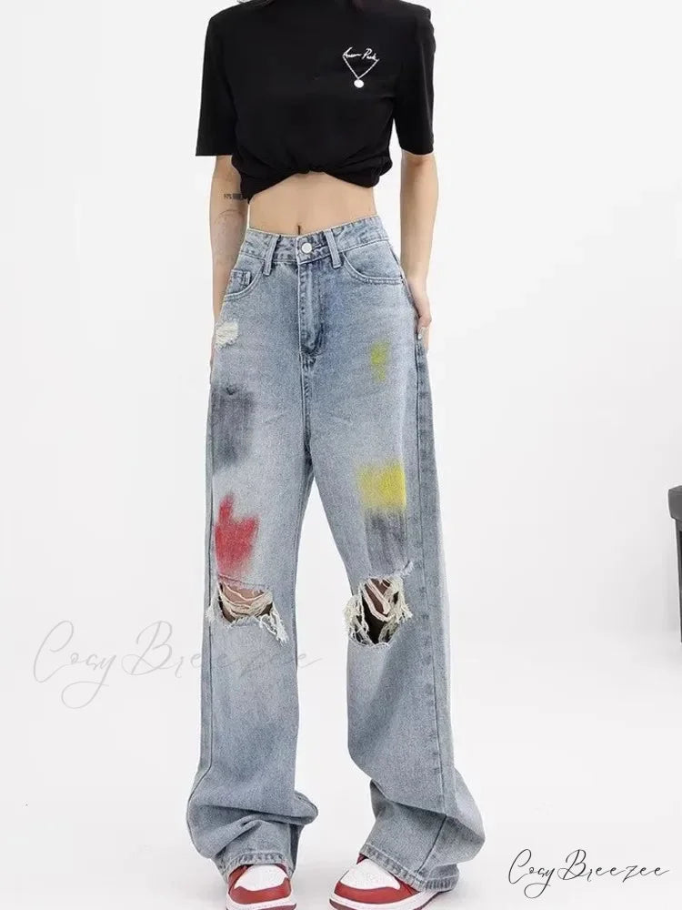 Summer Graffiti Blue Wash Hole New Floor Slam Straight Leg Jean