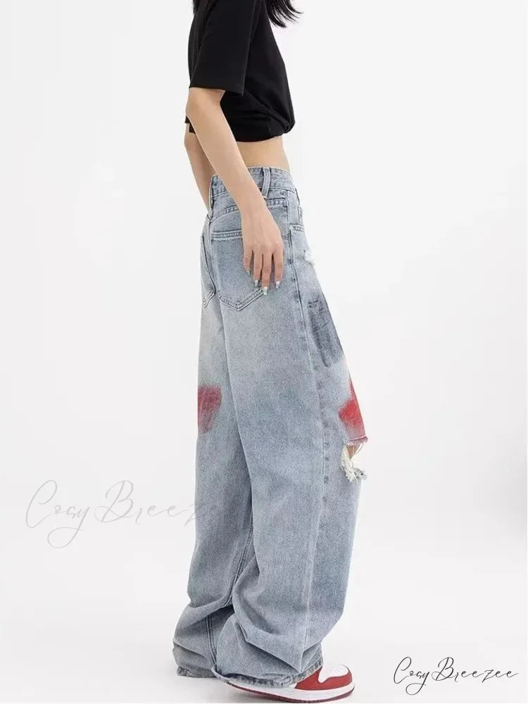 Summer Graffiti Blue Wash Hole New Floor Slam Straight Leg Jean