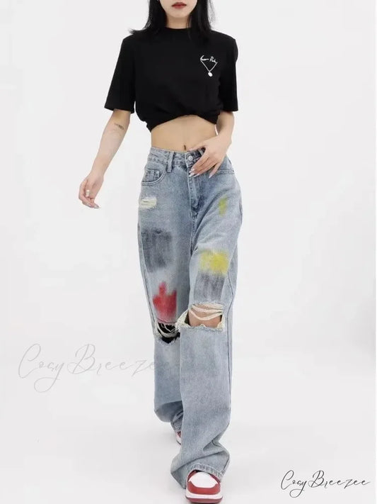 Summer Graffiti Blue Wash Hole New Floor Slam Straight Leg Jean Blue / S
