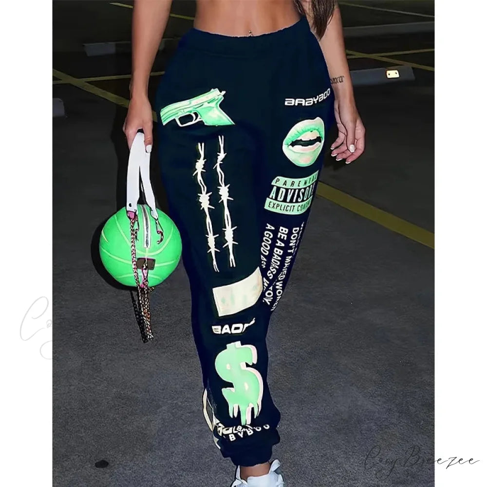 Summer Graphic High Waist Jogger Pants Green Black / S pants-241228