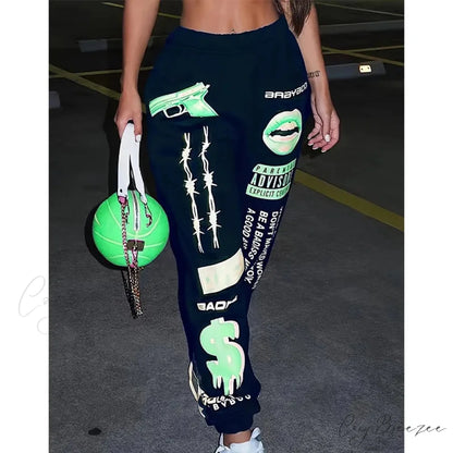 Summer Graphic High Waist Jogger Pants Green Black / S pants-241228