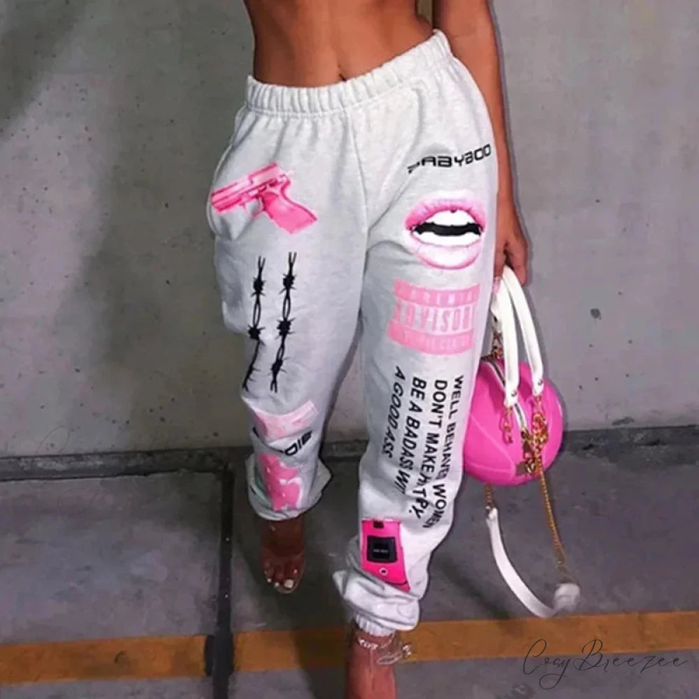 Summer Graphic High Waist Jogger Pants Grey White / S pants-241228