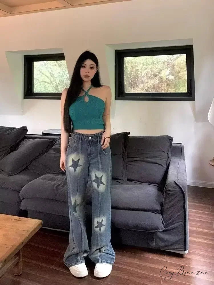 Summer High Waisted Loose Design Niche Irregular Light Colored Wide Leg Straight Women’s Jean
