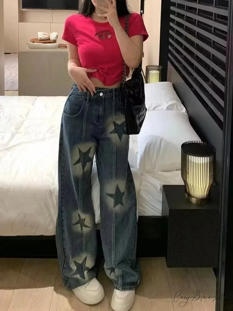Summer High Waisted Loose Design Niche Irregular Light Colored Wide Leg Straight Women’s Jean Blue / S
