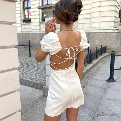 Summer Lace Linen Sexy Backless White Dress M / PINK