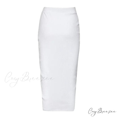 Summer Long Knitted Bodycon Slim Elegant Solid Black Midi Pencil Skirt