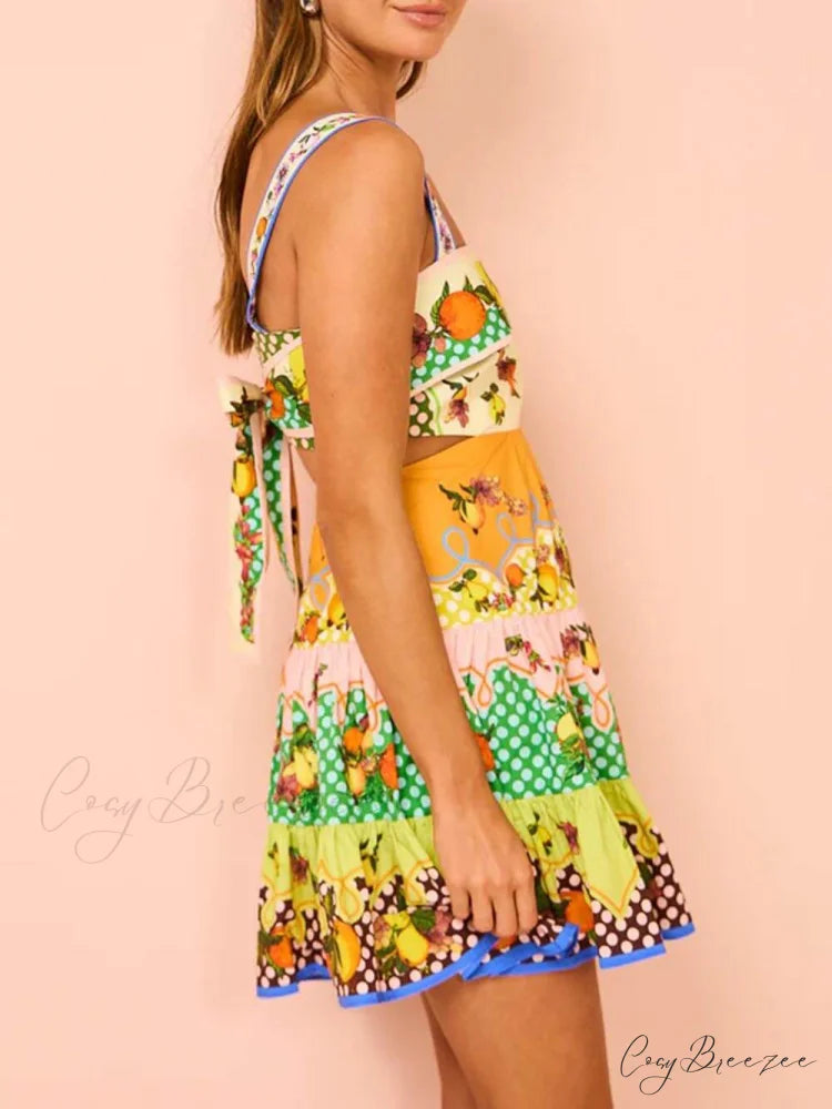 Summer MulticolorLemon Preated Charming Hem Mini Dress