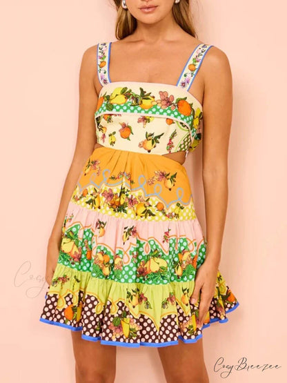 Summer MulticolorLemon Preated Charming Hem Mini Dress Multicolor / S