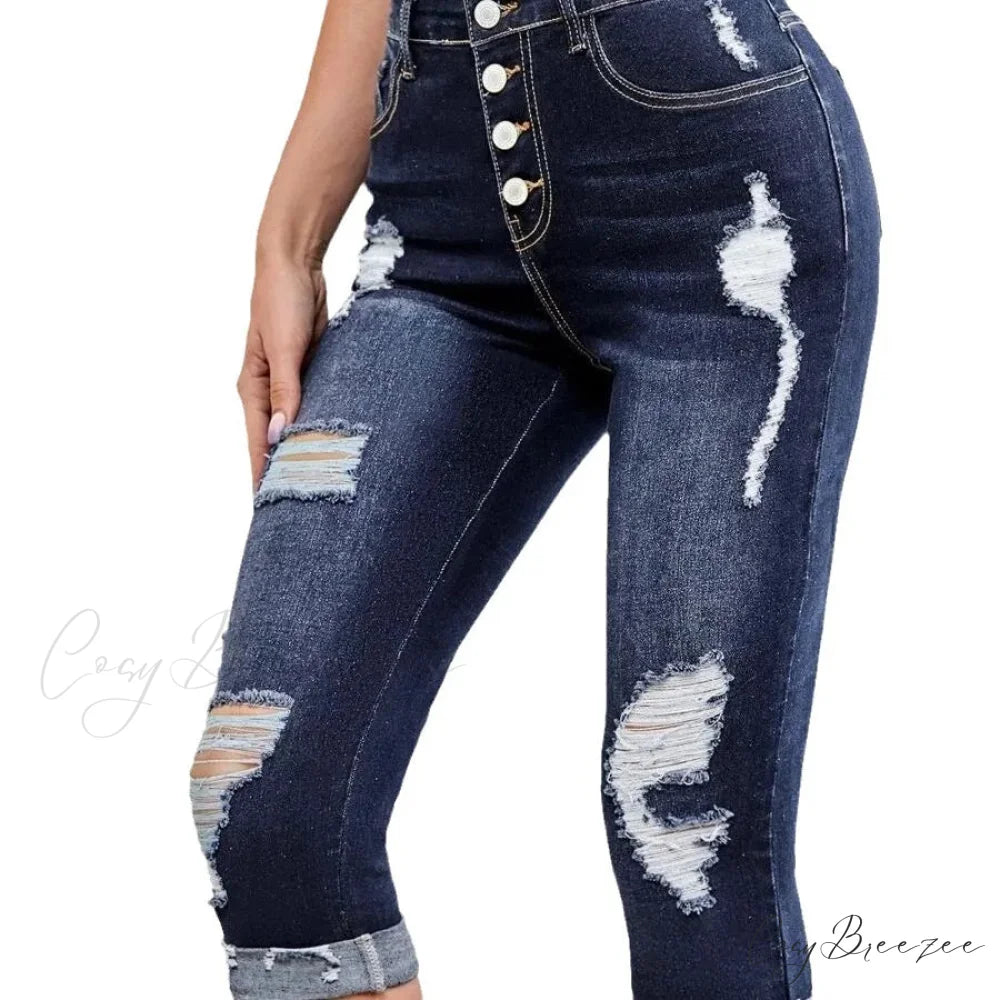 Summer New Skinny Stretch Ripped Calf-Length Casual Female Fashion Jean