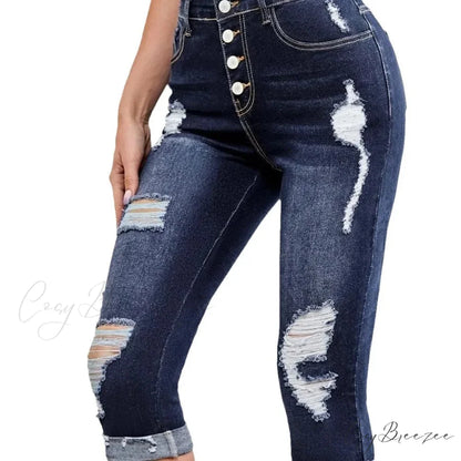 Summer New Skinny Stretch Ripped Calf-Length Casual Female Fashion Jean