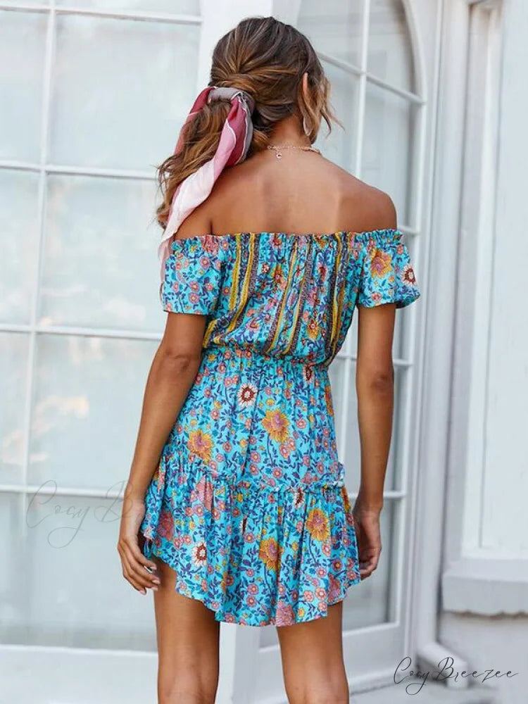 Summer Off-Shoulder Mini Dress with Print M / BLUE