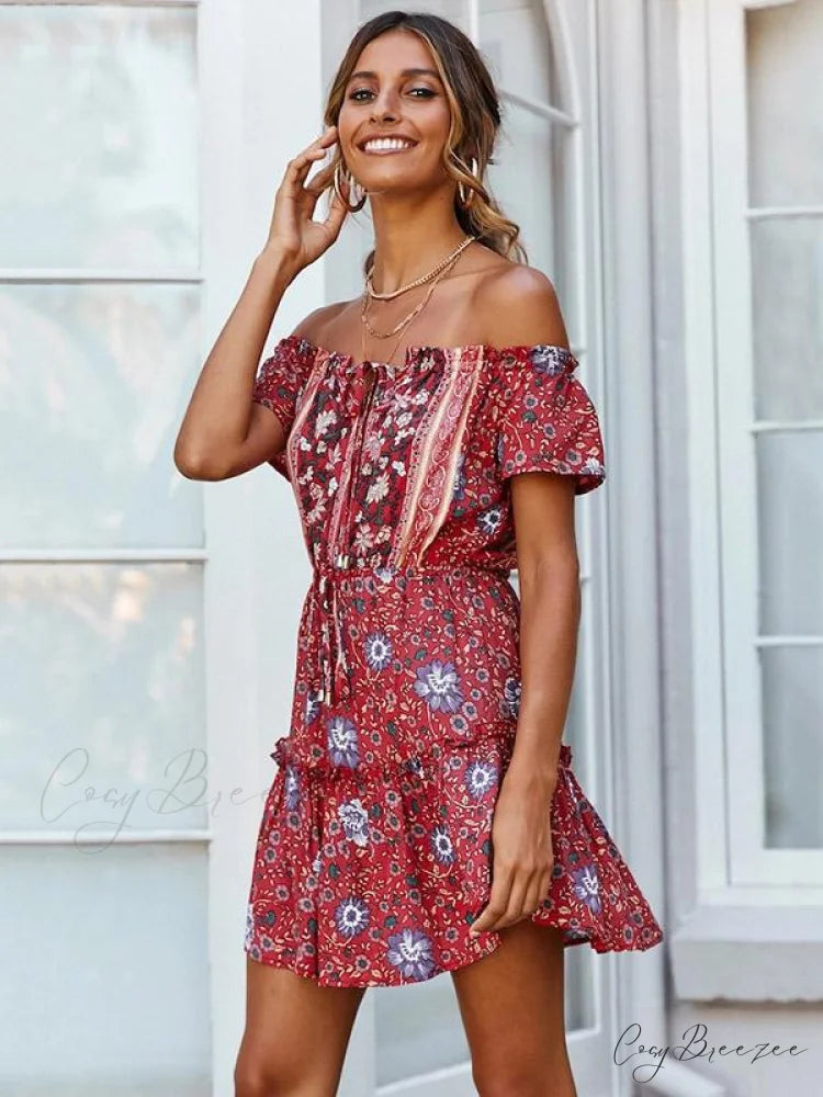 Summer Off-Shoulder Mini Dress with Print M / RED