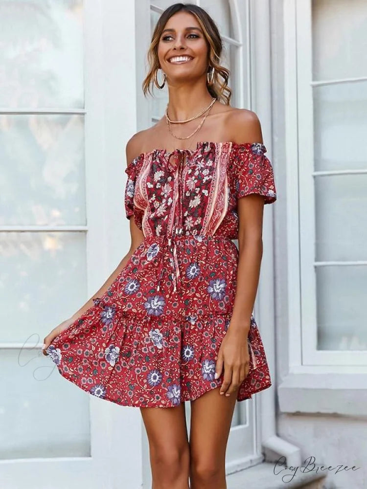 Summer Off-Shoulder Mini Dress with Print S / BLUE