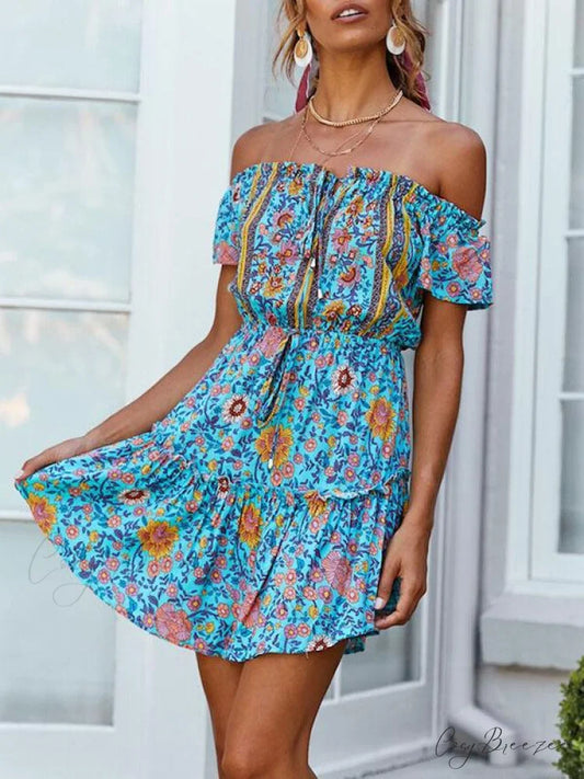 Summer Off-Shoulder Mini Dress with Print S / RED
