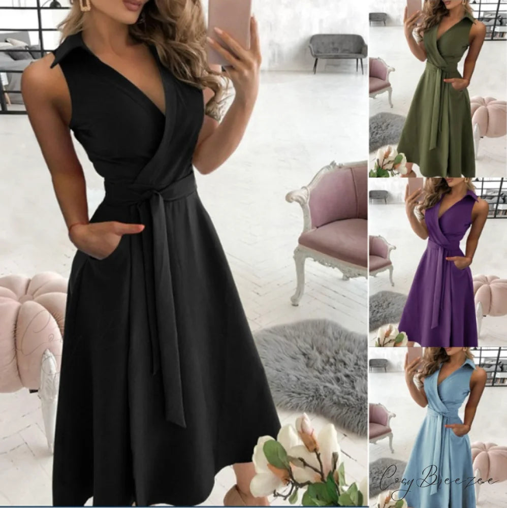 Summer Office Ladies V-Neck Dress Casual Long Sleeve Female Dress M / GREEN